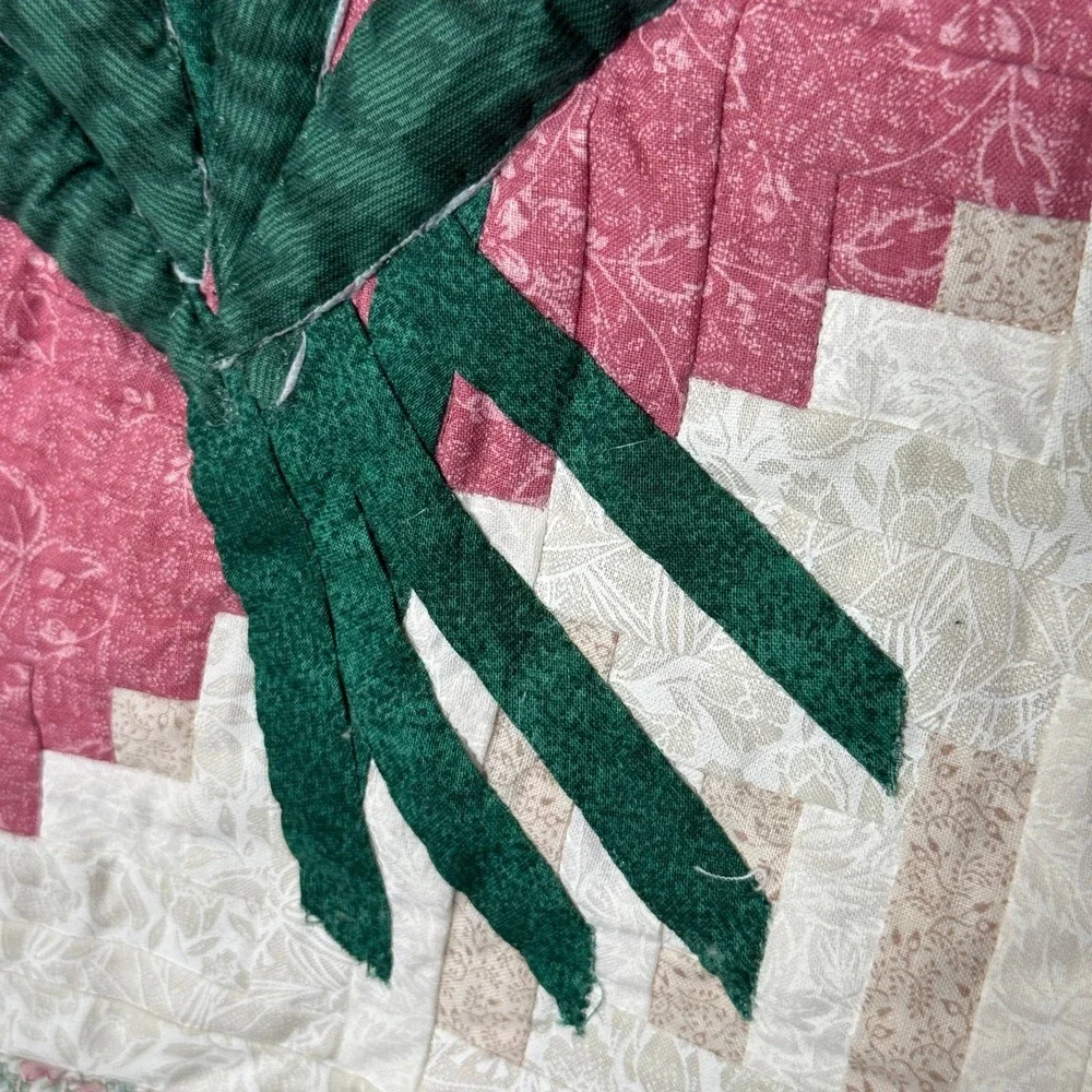 Handmade Quilted Wall Hanging Log Cabin Heart 3D Floral Applique Cottagecore Art